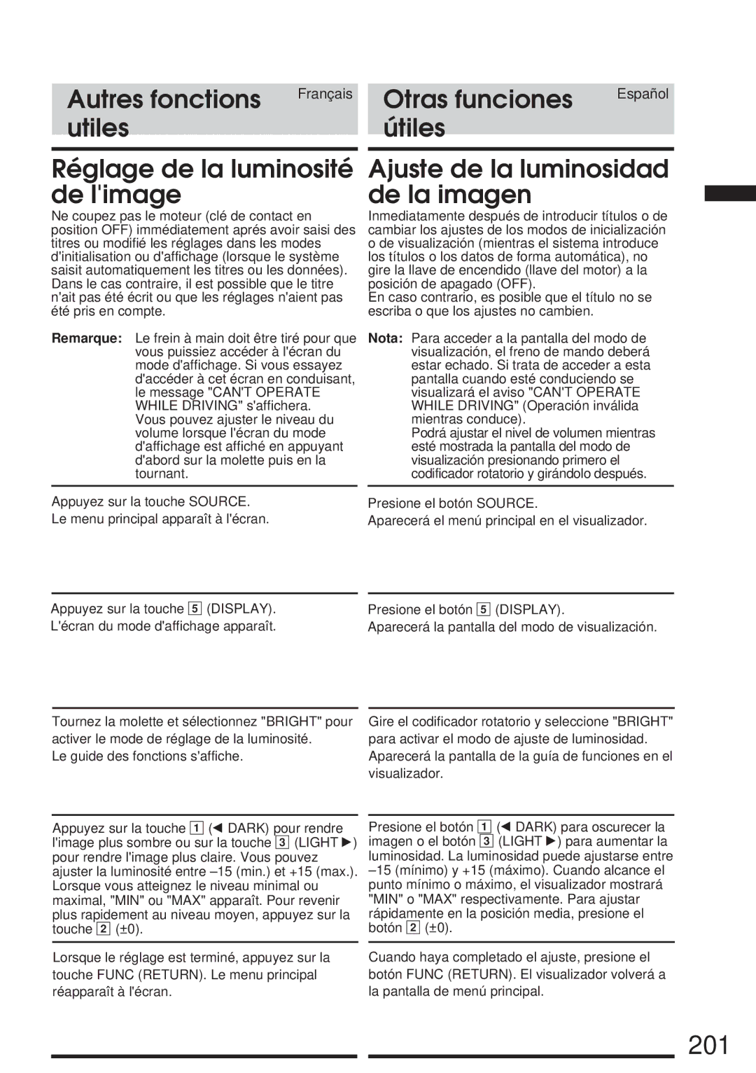 Alpine CVA-1005R, IVA-M700R 201, Utiles Réglage de la luminosité de limage, Útiles Ajuste de la luminosidad de la imagen 