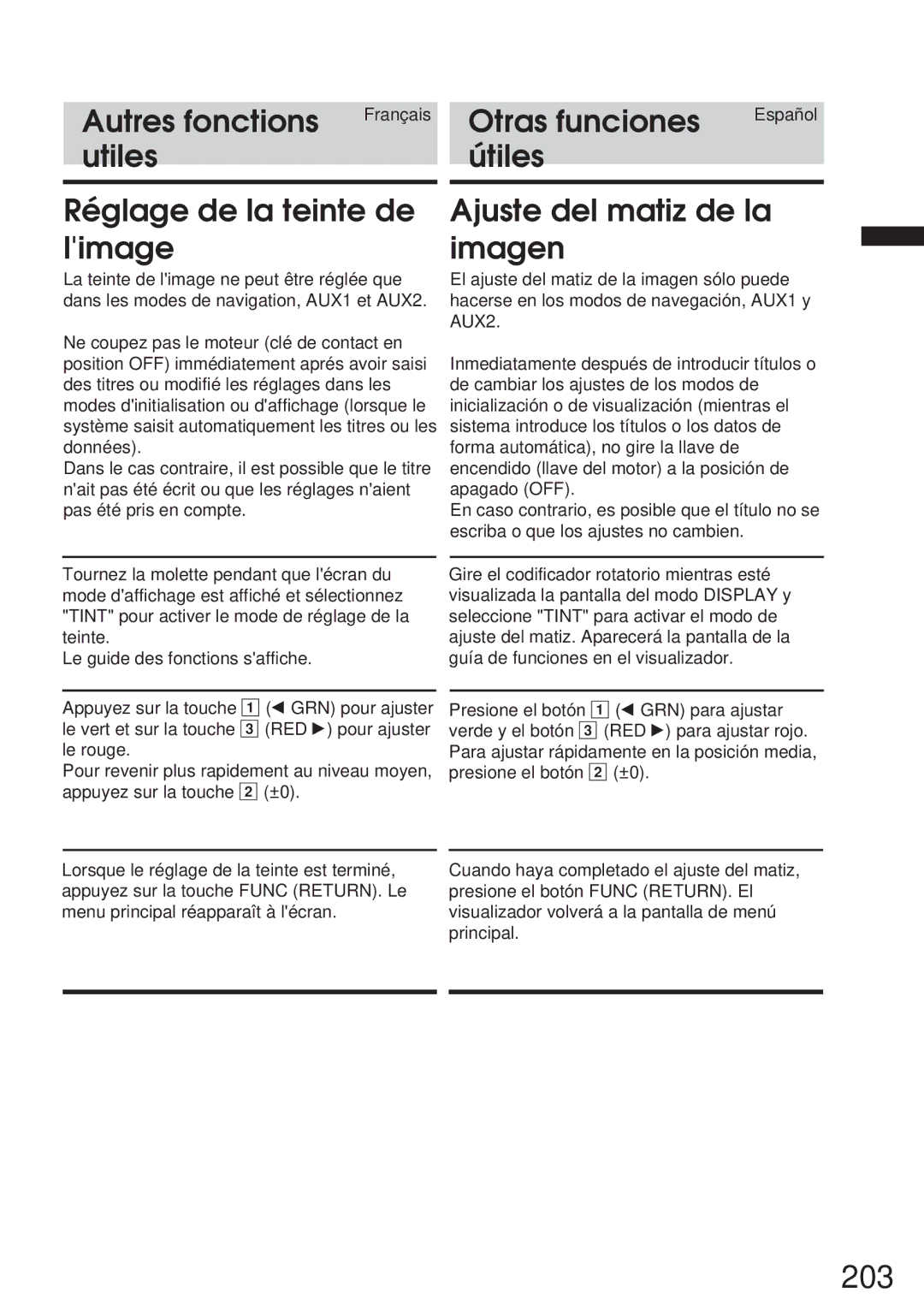 Alpine CVA-1005R, IVA-M700R owner manual 203, Utiles Útiles Réglage de la teinte de limage, Ajuste del matiz de la imagen 