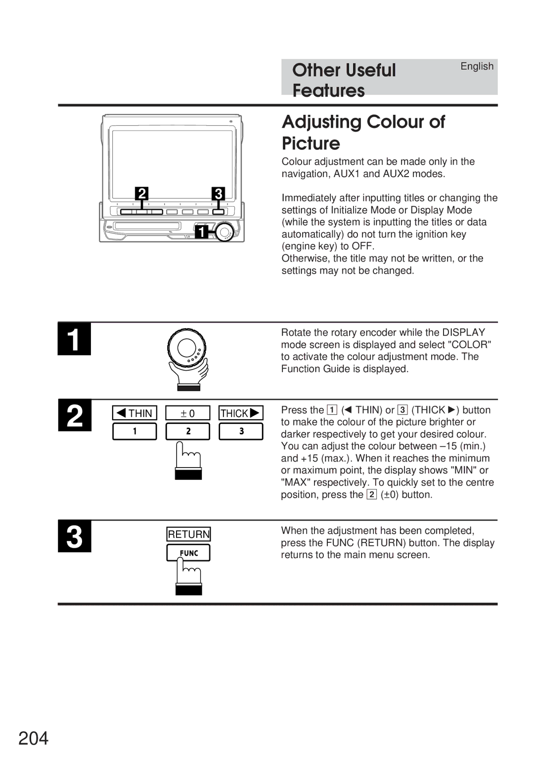 Alpine IVA-M700R, CVA-1005R owner manual 204, Features Adjusting Colour Picture, Thick 