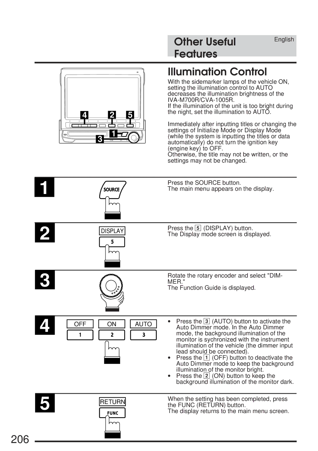 Alpine IVA-M700R, CVA-1005R owner manual 206, Features Illumination Control, OFF Auto 