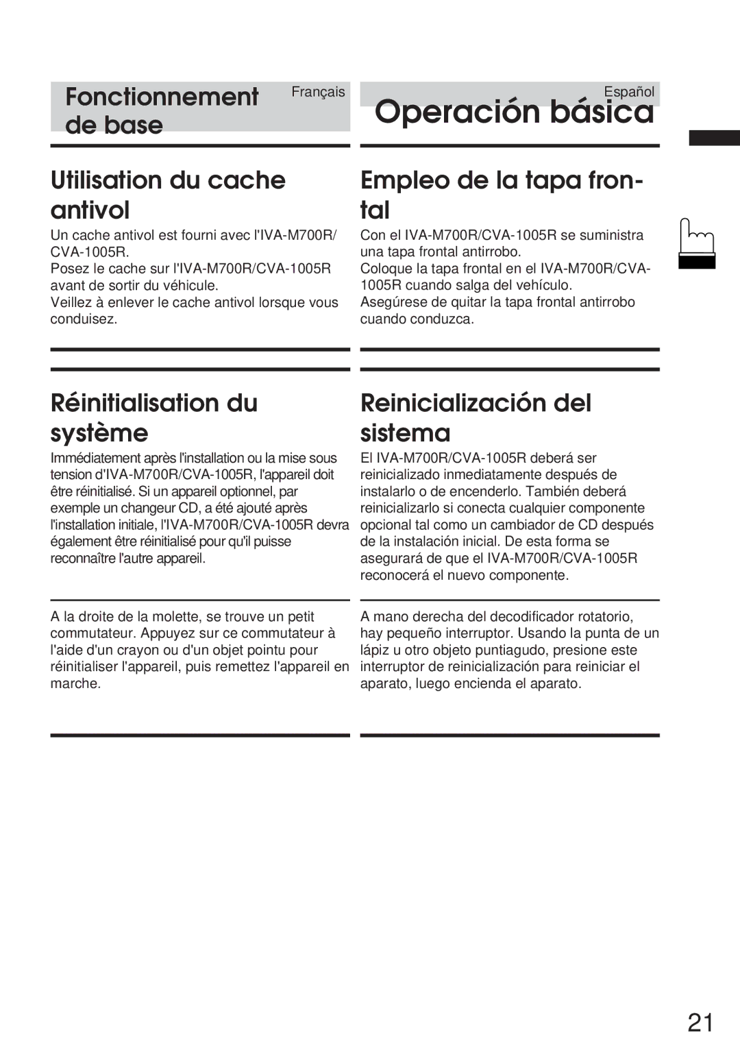 Alpine CVA-1005R, IVA-M700R De base Utilisation du cache antivol, Empleo de la tapa fron- tal, Réinitialisation du système 