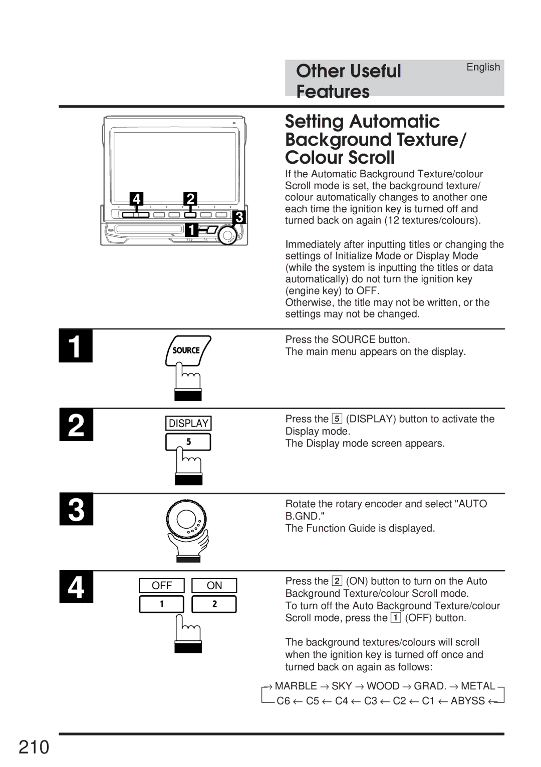 Alpine IVA-M700R, CVA-1005R owner manual 210, Setting Automatic Background Texture Colour Scroll, Gnd 
