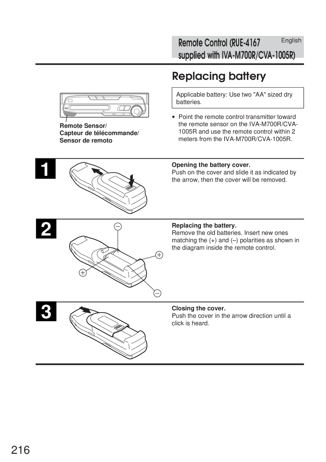 Alpine IVA-M700R, CVA-1005R 216, Replacing battery, Opening the battery cover, Replacing the battery, Closing the cover 