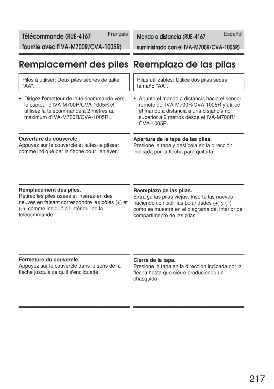 Alpine CVA-1005R, IVA-M700R owner manual 217, Remplacement des piles Reemplazo de las pilas 