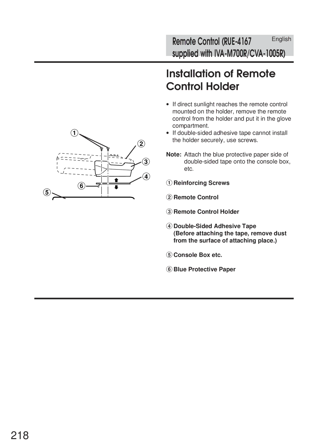 Alpine IVA-M700R, CVA-1005R owner manual 218, Installation of Remote Control Holder, Console Box etc Blue Protective Paper 