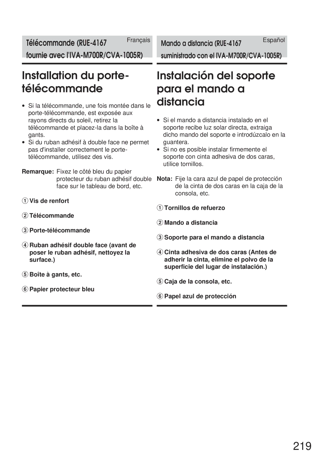 Alpine CVA-1005R, IVA-M700R 219, Installation du porte- télécommande, Instalación del soporte para el mando a distancia 