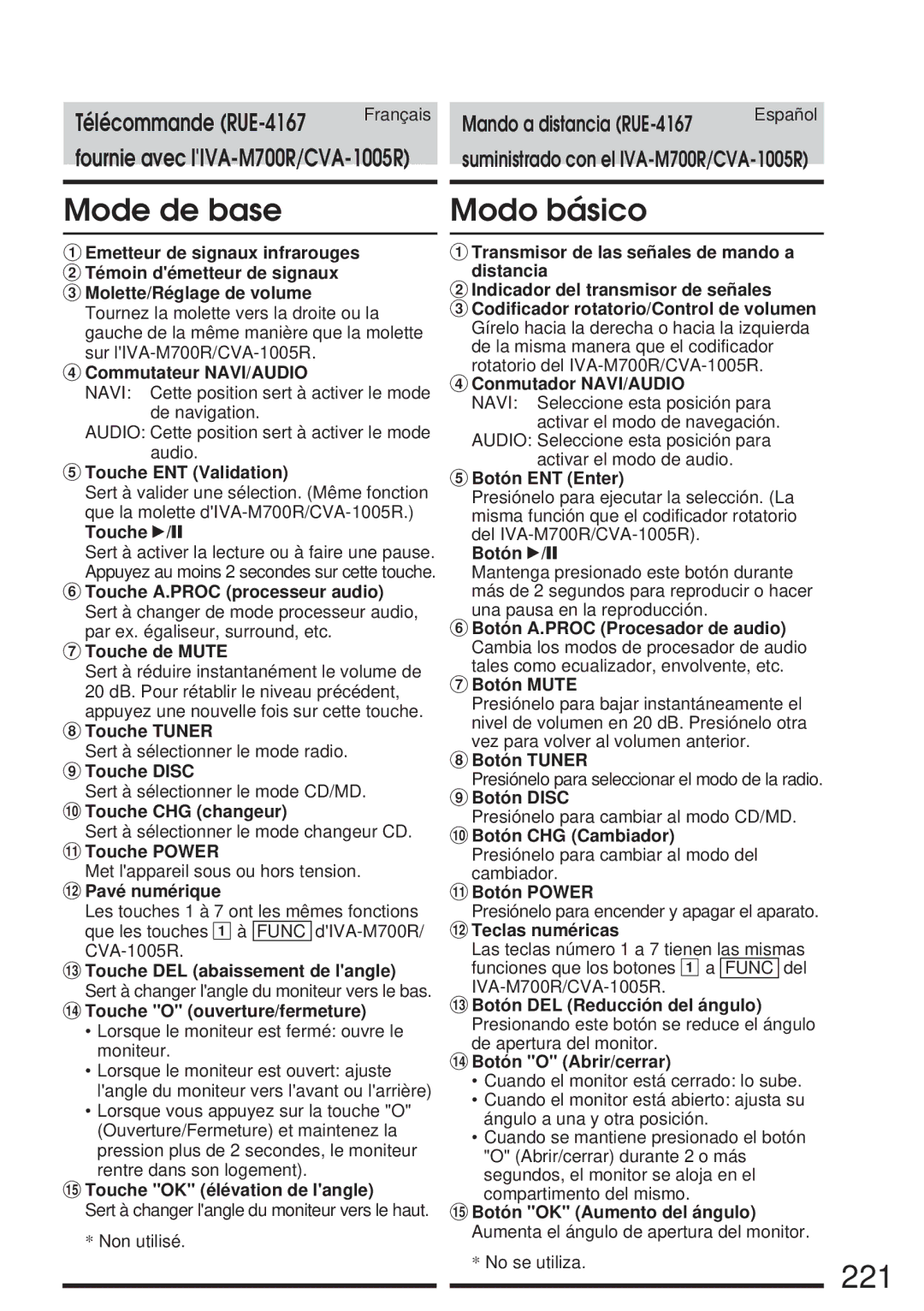 Alpine CVA-1005R, IVA-M700R owner manual 221, Mode de base Modo básico 