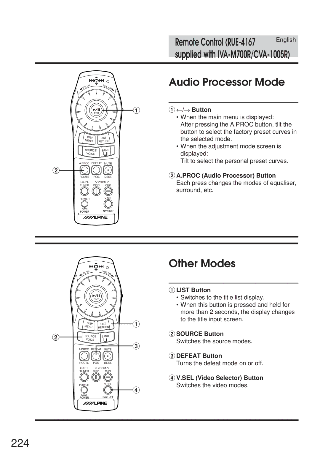 Alpine IVA-M700R, CVA-1005R owner manual 224, Audio Processor Mode, Other Modes 