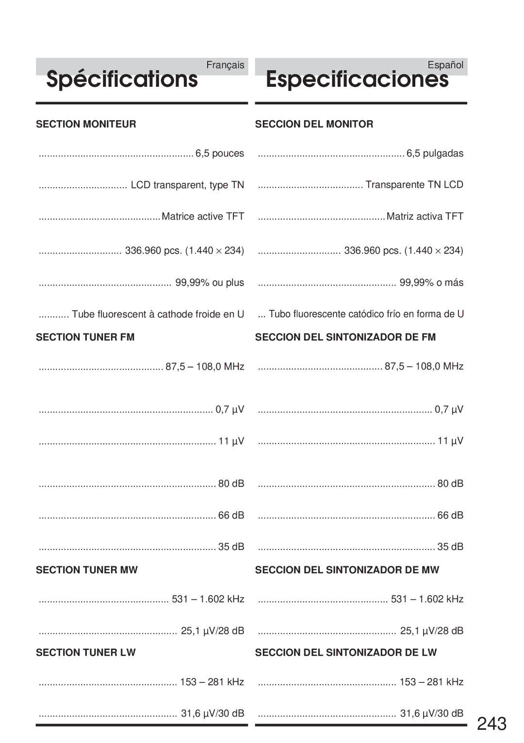 Alpine CVA-1005R, IVA-M700R owner manual Spécifications Especificaciones, 243 