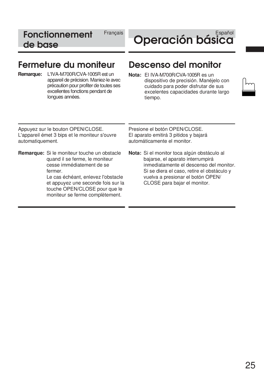 Alpine CVA-1005R, IVA-M700R owner manual De base Fermeture du moniteur, Descenso del monitor 