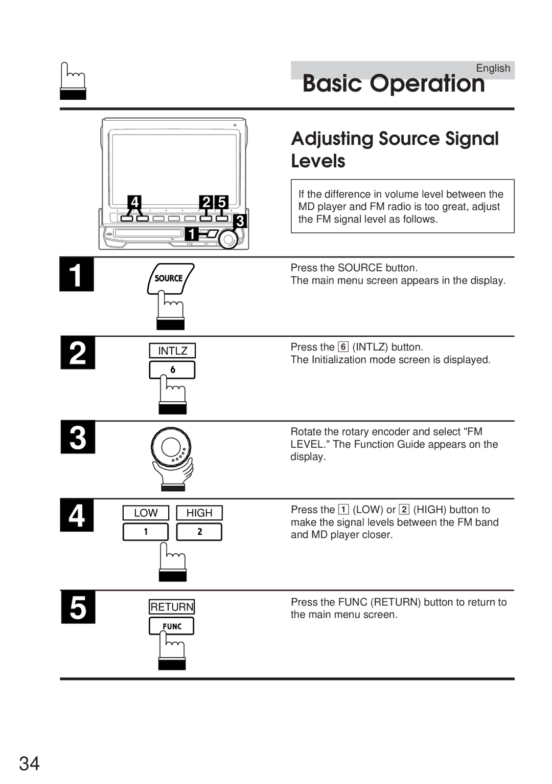 Alpine IVA-M700R, CVA-1005R owner manual Adjusting Source Signal Levels, Intlz, LOW High, Return 