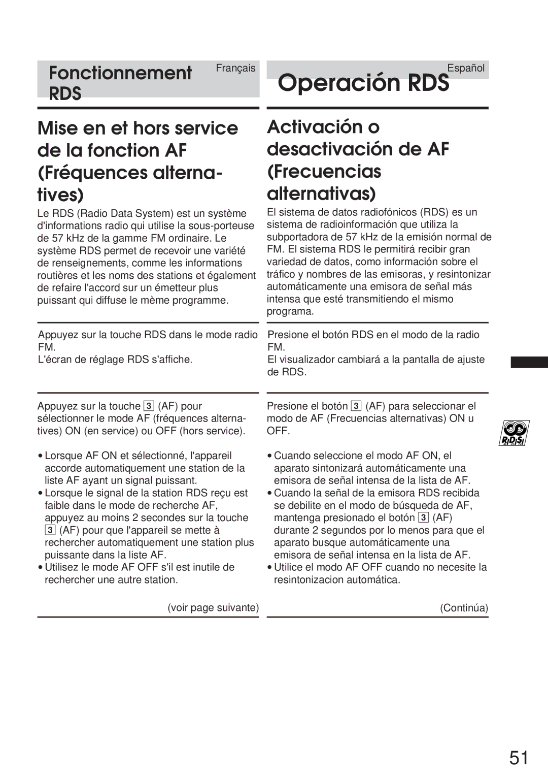 Alpine CVA-1005R, IVA-M700R owner manual Operación RDS, Activación o desactivación de AF Frecuencias alternativas 