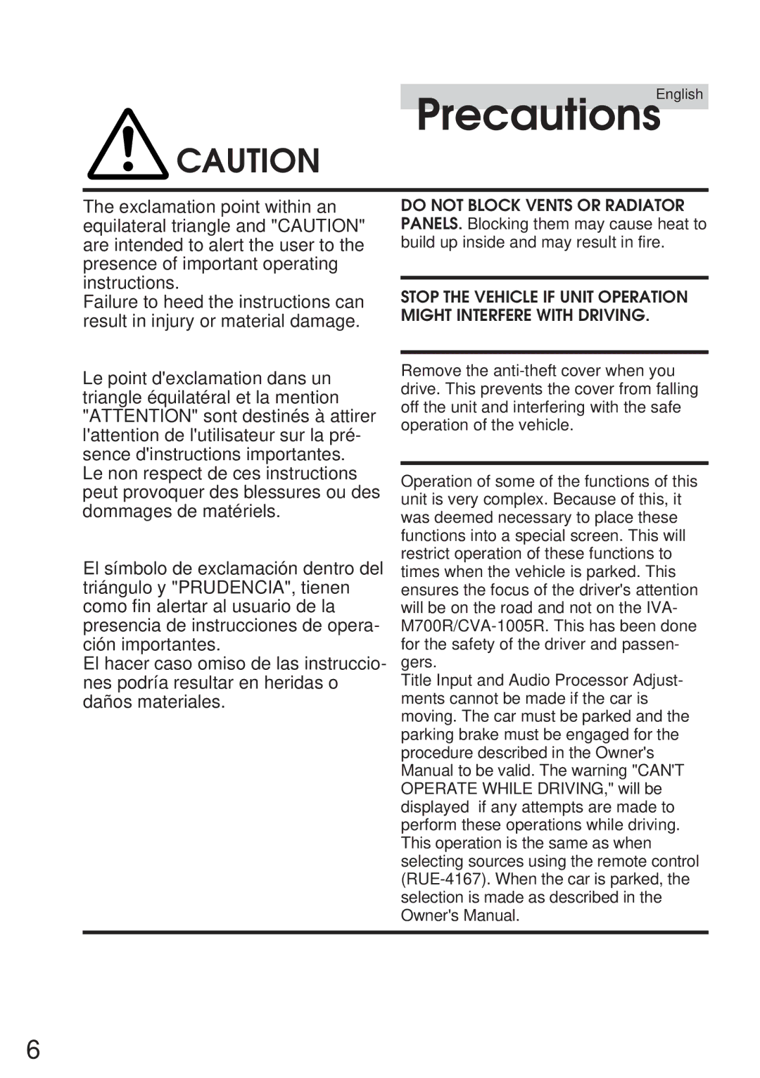 Alpine IVA-M700R, CVA-1005R owner manual PrecautionsEnglish 