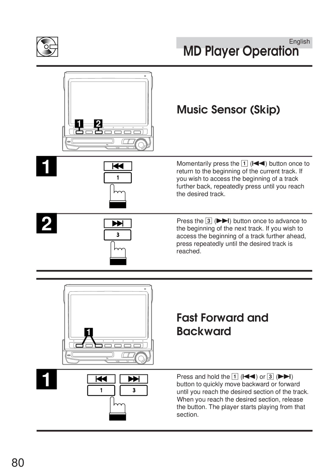 Alpine IVA-M700R, CVA-1005R owner manual Music Sensor Skip, Fast Forward 1Backward 