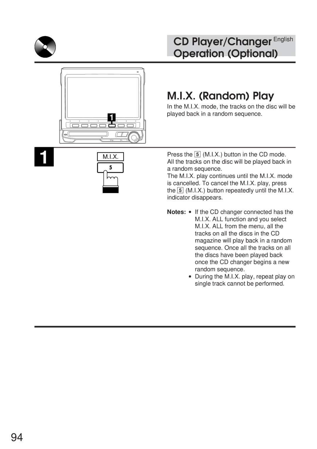 Alpine IVA-M700R, CVA-1005R owner manual CD Player/Changer English Operation Optional X. Random Play 