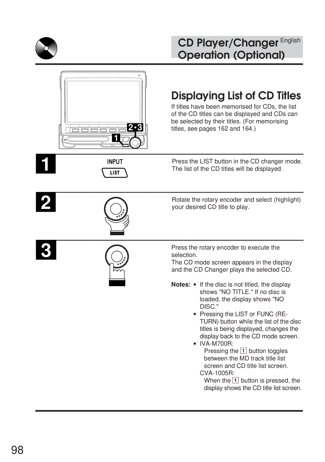 Alpine IVA-M700R, CVA-1005R owner manual If titles have been memorised for CDs, the list 