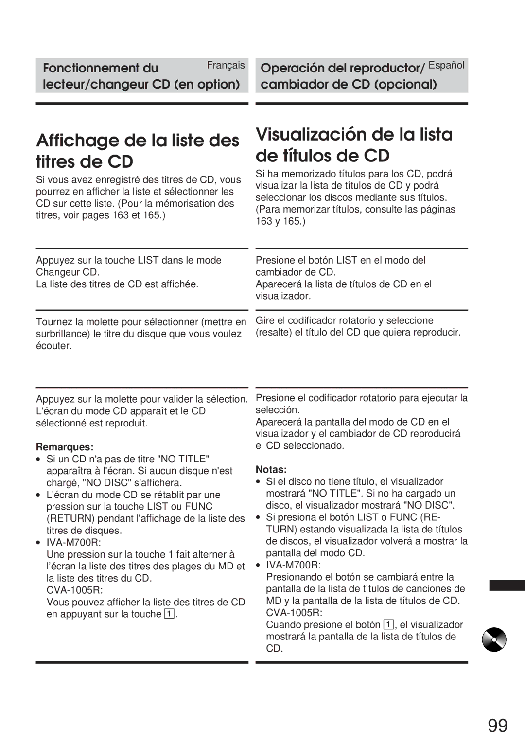 Alpine CVA-1005R, IVA-M700R owner manual Affichage de la liste des titres de CD, Visualización de la lista de títulos de CD 