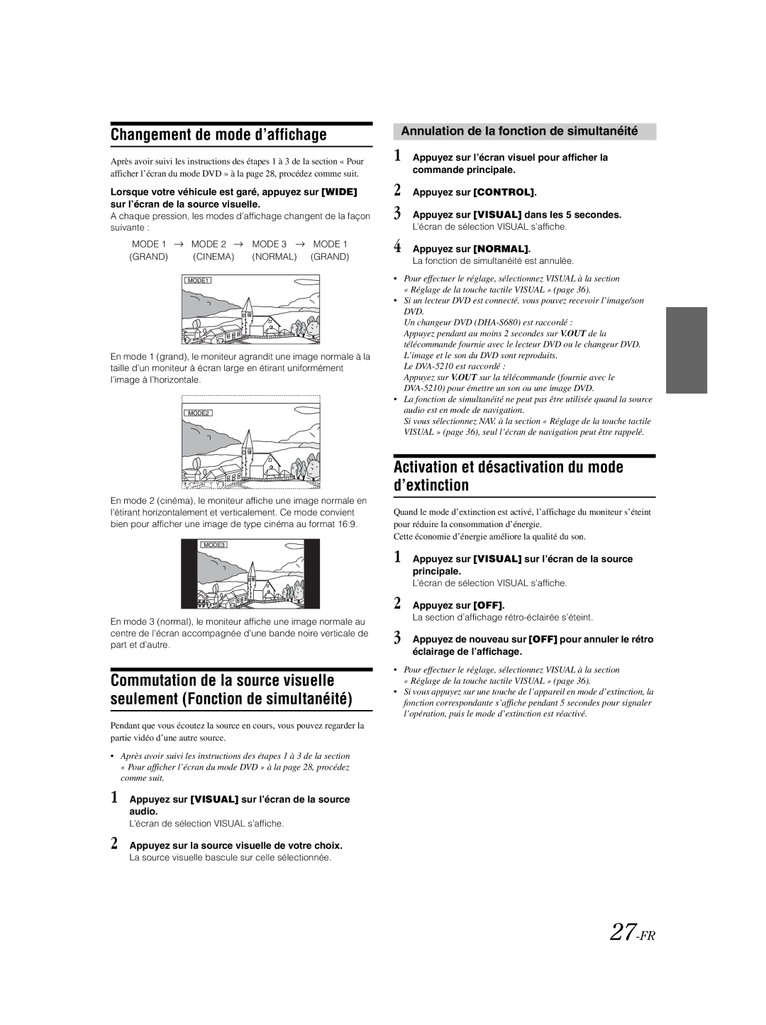 Alpine IVA-W203 owner manual Changement de mode d’affichage, Activation et désactivation du mode d’extinction, 27-FR 