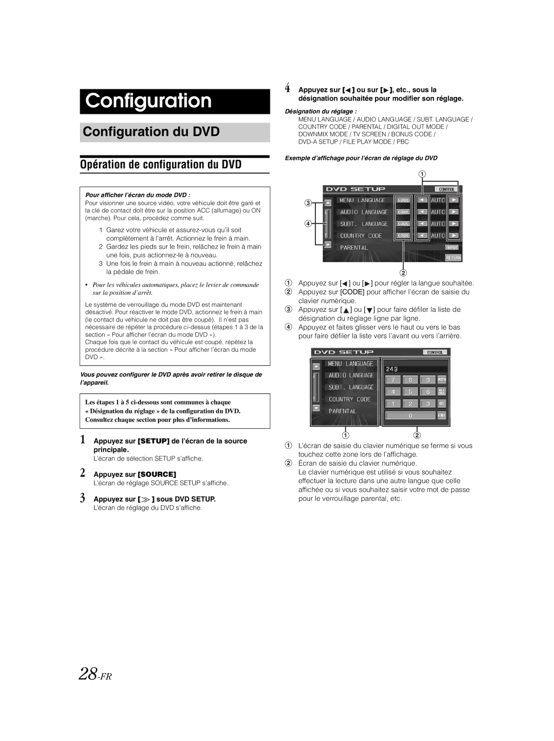 Alpine IVA-W203 owner manual Configuration du DVD, Opération de configuration du DVD, 28-FR, Appuyez sur Source 