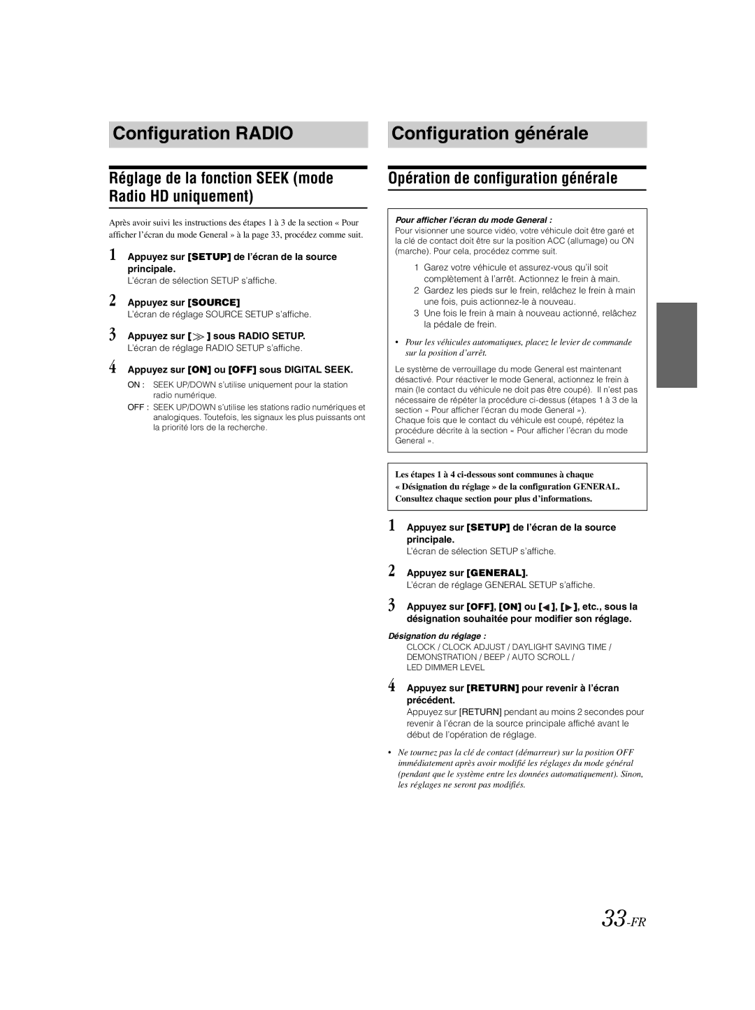 Alpine IVA-W203 Configuration Radio Configuration générale, Réglage de la fonction Seek mode Radio HD uniquement, 33-FR 