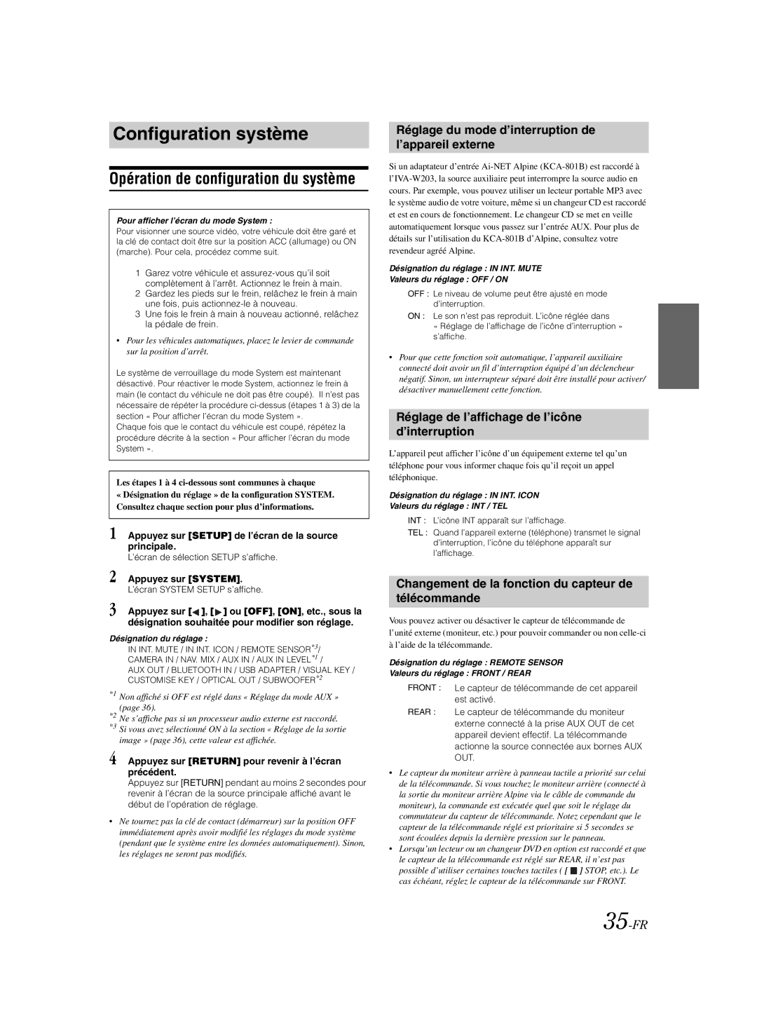 Alpine IVA-W203 owner manual Configuration système, Opération de configuration du système 