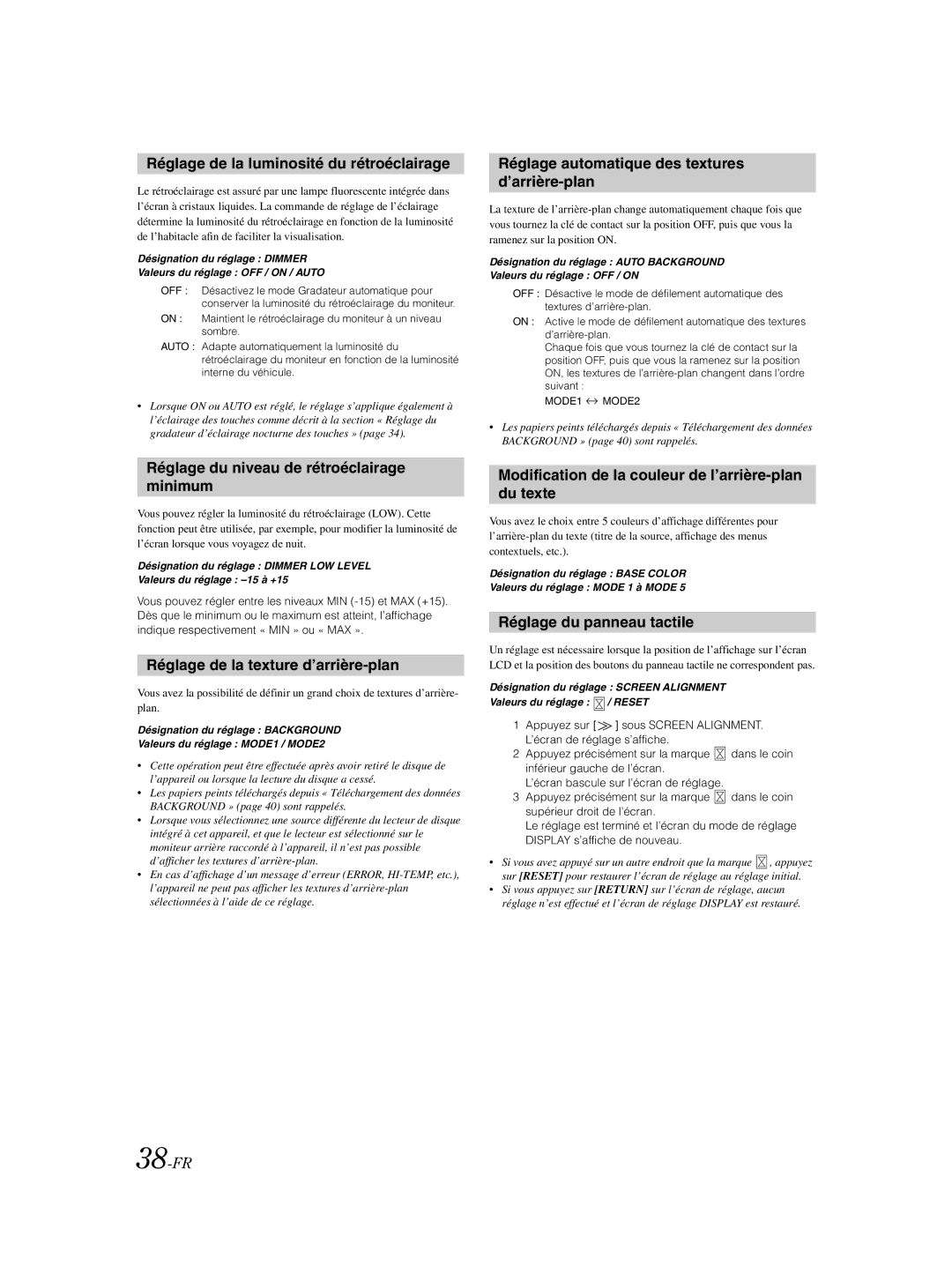 Alpine IVA-W203 owner manual Réglage de la luminosité du rétroéclairage, Réglage du niveau de rétroéclairage minimum 