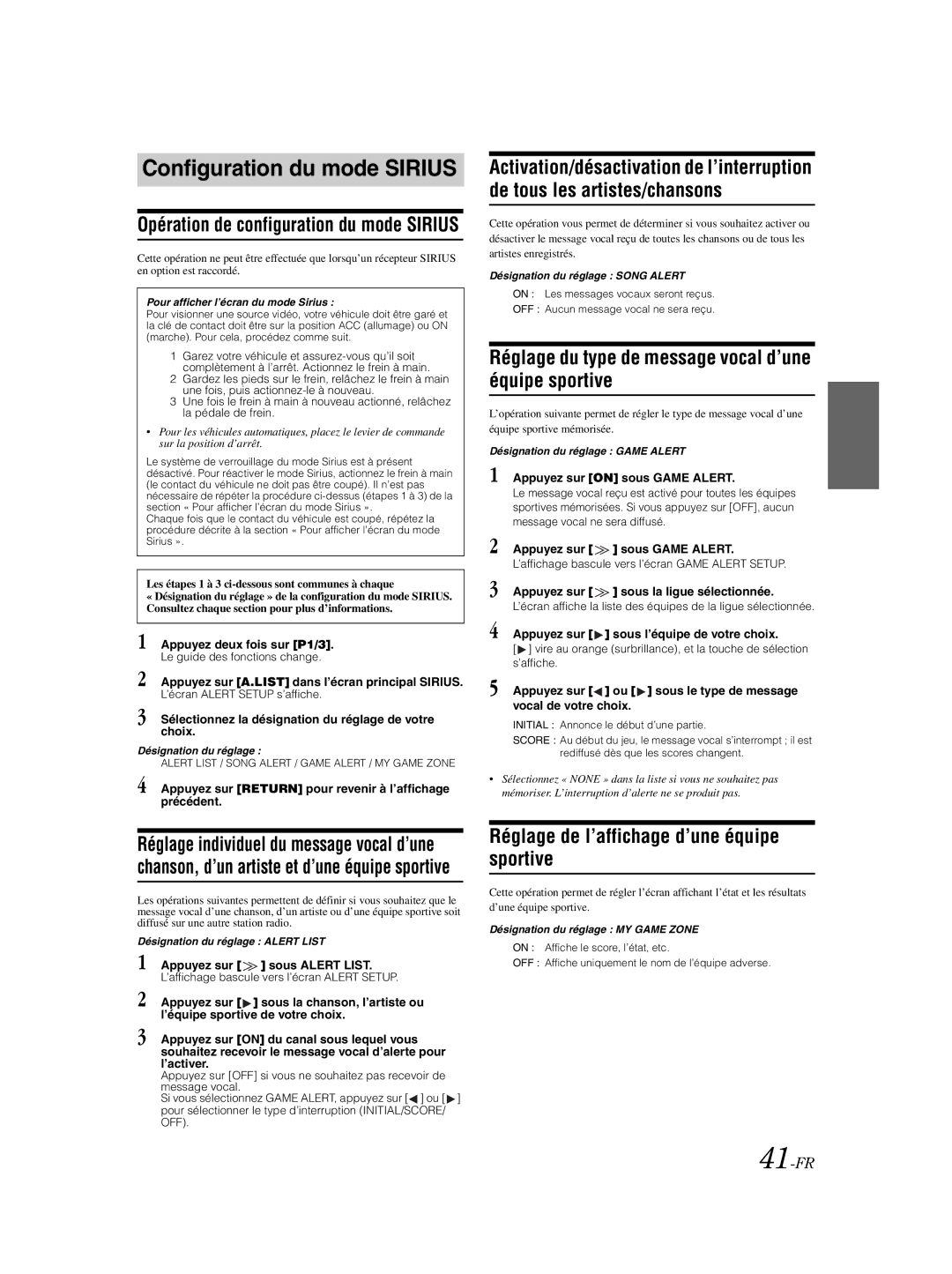 Alpine IVA-W203 owner manual Configuration du mode Sirius, Réglage du type de message vocal d’une équipe sportive, 41-FR 