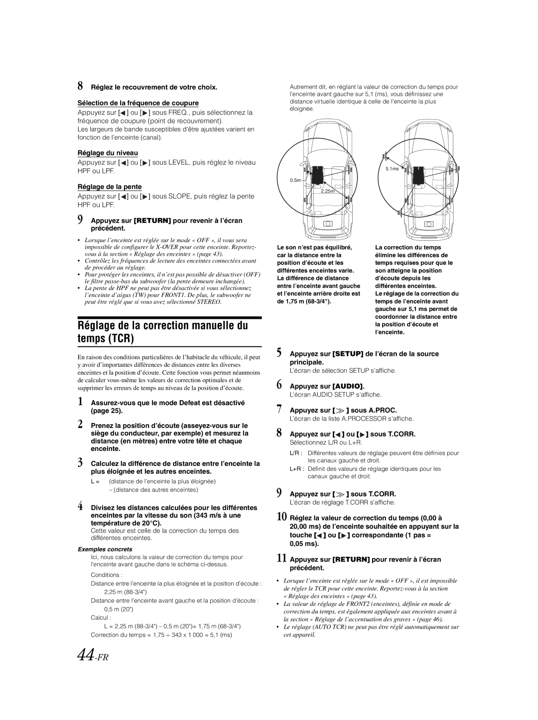 Alpine IVA-W203 owner manual Réglage de la correction manuelle du temps TCR, 44-FR, Réglage du niveau, Réglage de la pente 