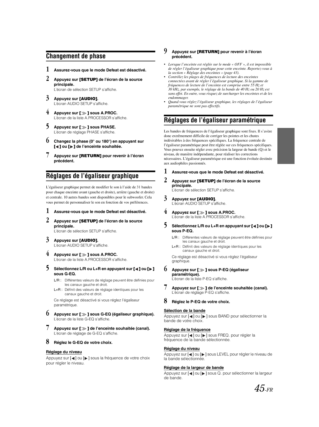 Alpine IVA-W203 Changement de phase, Réglages de l’égaliseur graphique, Réglages de l’égaliseur paramétrique, 45-FR 