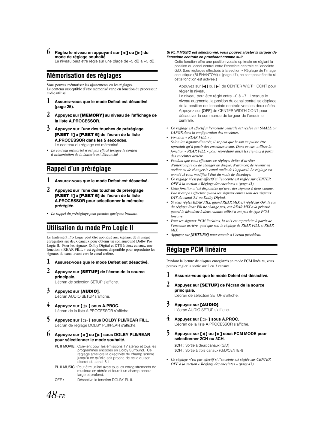 Alpine IVA-W203 Mémorisation des réglages, Rappel d’un préréglage, Utilisation du mode Pro Logic, Réglage PCM linéaire 