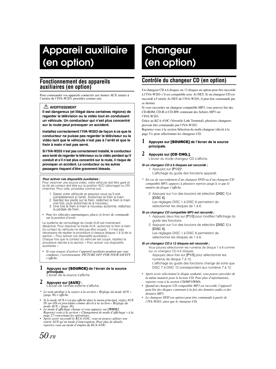 Alpine IVA-W203 owner manual Appareil auxiliaire en option, Changeur en option, Contrôle du changeur CD en option, 50-FR 