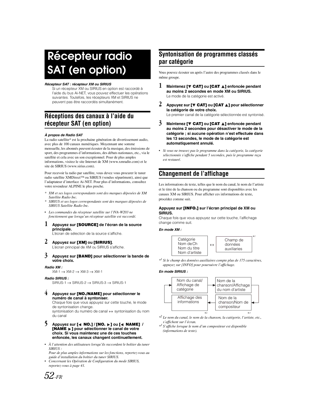 Alpine IVA-W203 Récepteur radio SAT en option, Réceptions des canaux à l’aide du récepteur SAT en option, 52-FR 