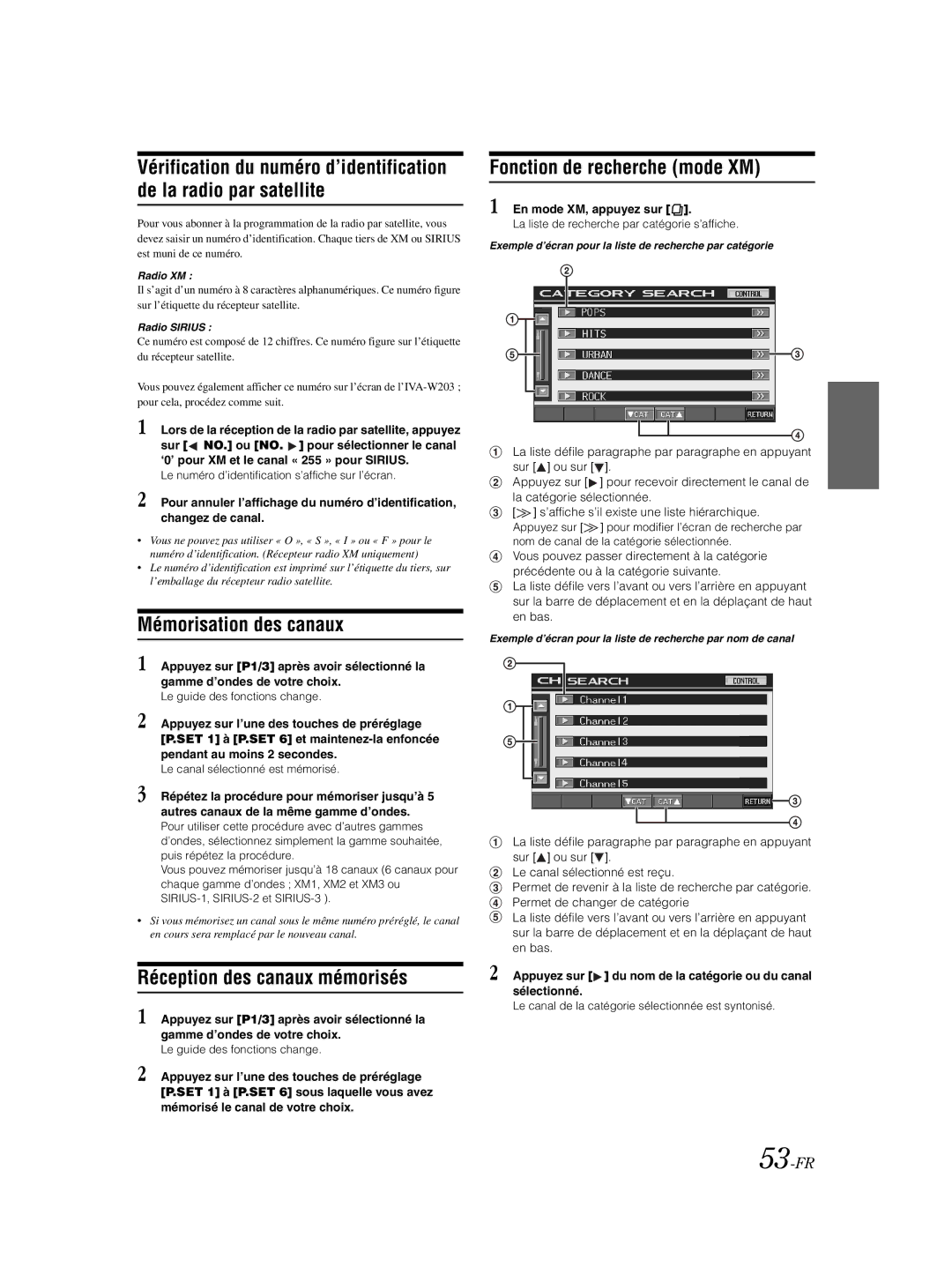 Alpine IVA-W203 owner manual Mémorisation des canaux, Réception des canaux mémorisés, Fonction de recherche mode XM, 53-FR 