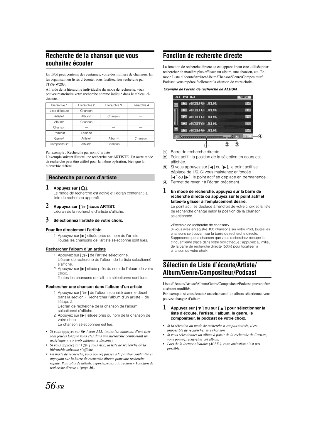 Alpine IVA-W203 owner manual Recherche de la chanson que vous souhaitez écouter, Fonction de recherche directe, 56-FR 