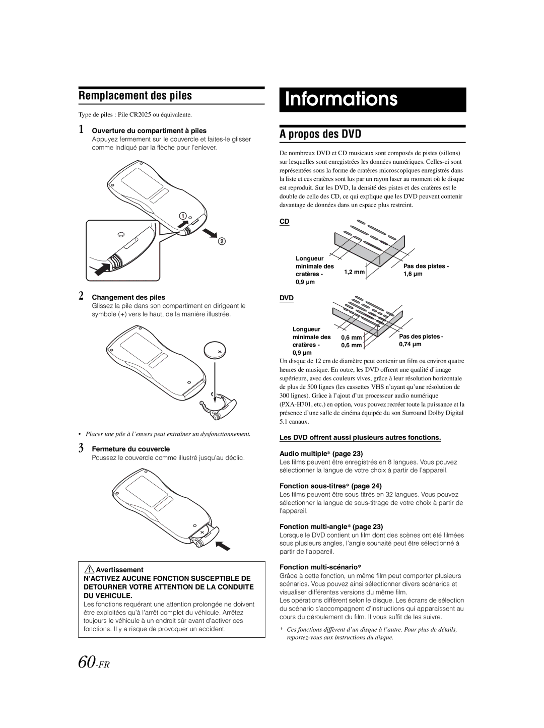 Alpine IVA-W203 owner manual Informations, Remplacement des piles, Propos des DVD, 60-FR 