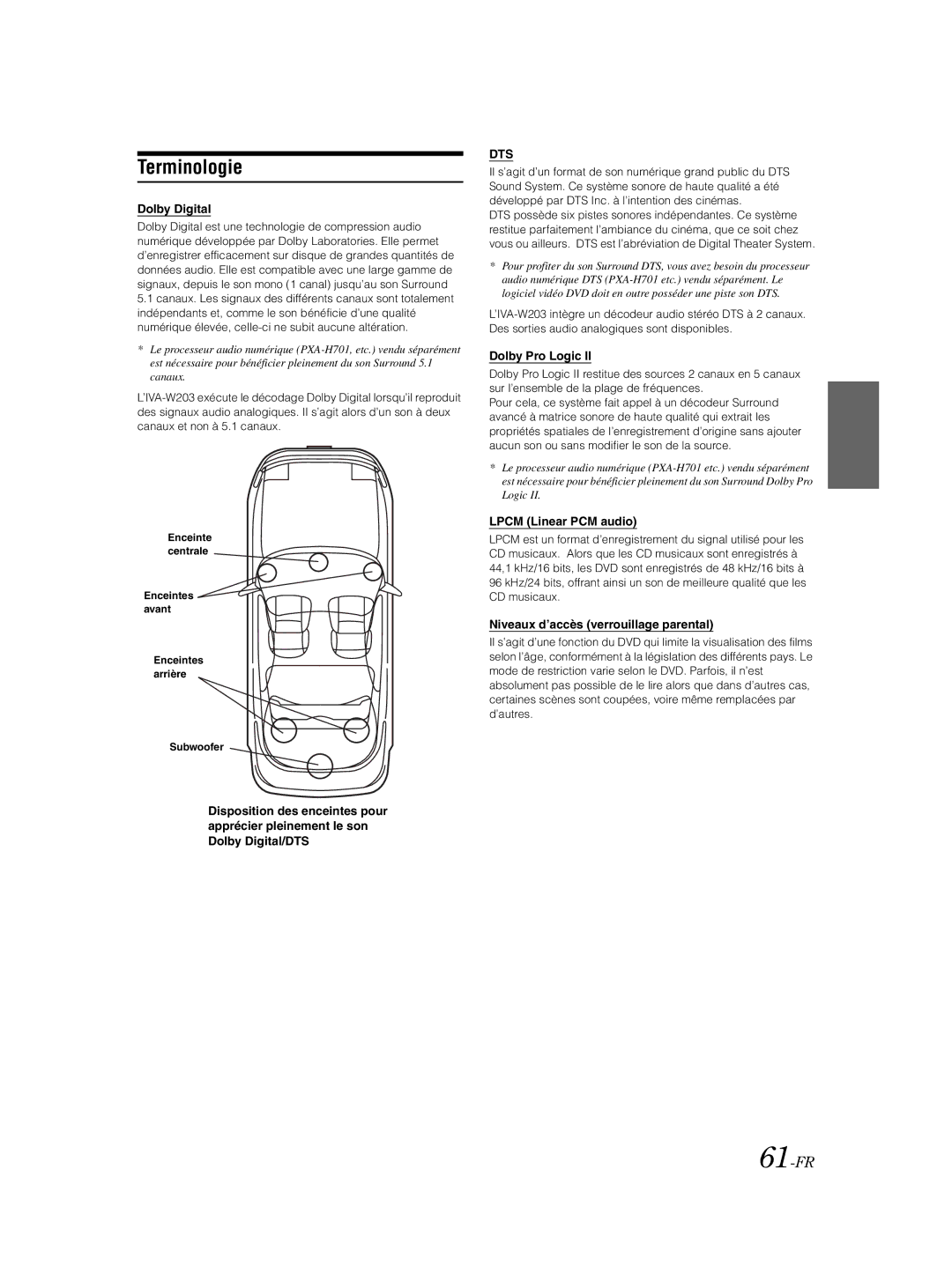 Alpine IVA-W203 owner manual Terminologie, 61-FR, Lpcm Linear PCM audio, Niveaux d’accès verrouillage parental 