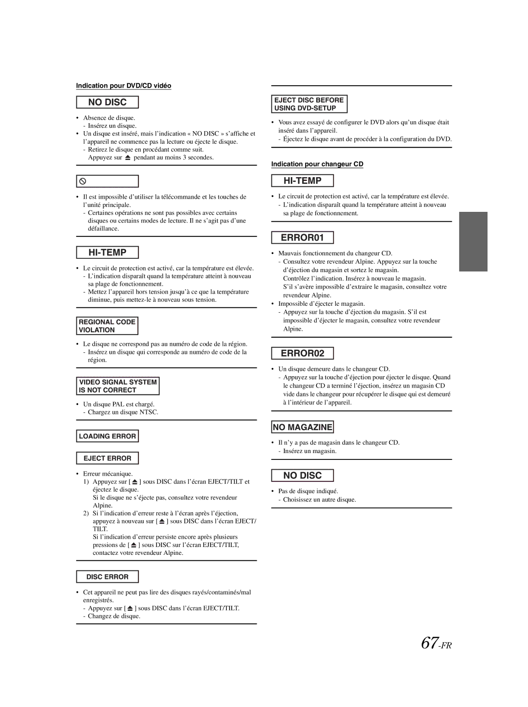 Alpine IVA-W203 owner manual 67-FR, Indication pour DVD/CD vidéo, Indication pour changeur CD 