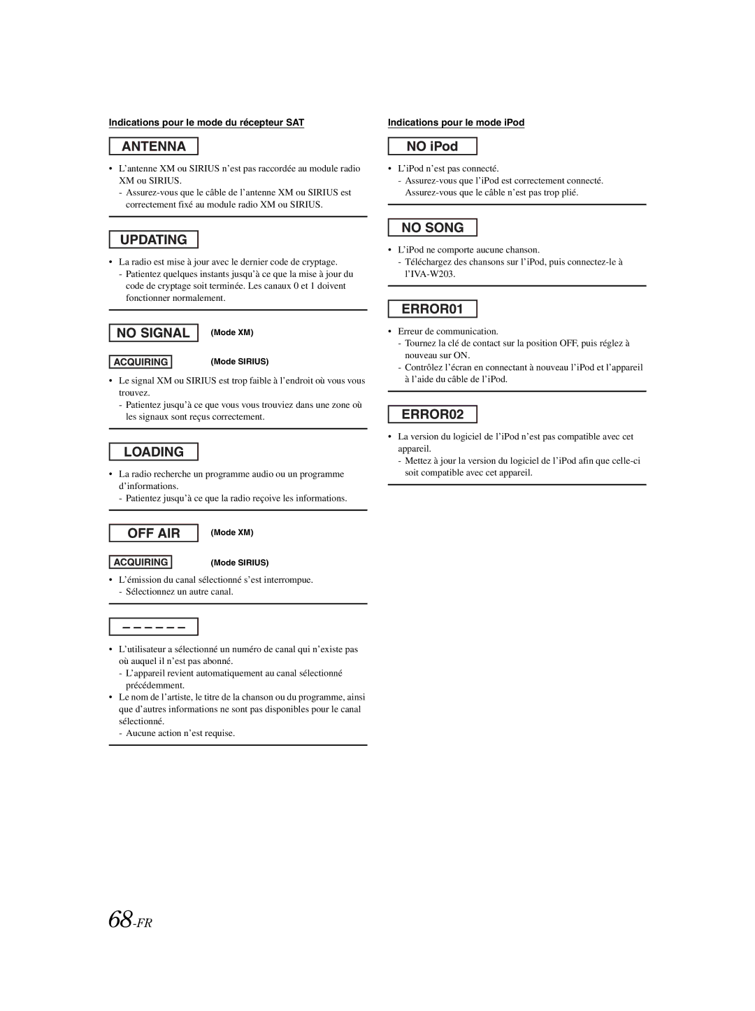 Alpine IVA-W203 owner manual 68-FR, Indications pour le mode du récepteur SAT 