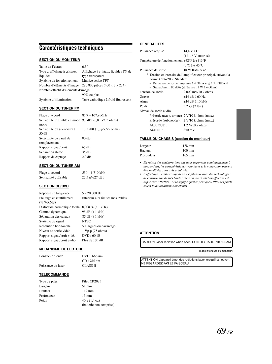 Alpine IVA-W203 owner manual Caractéristiques techniques, 69-FR 