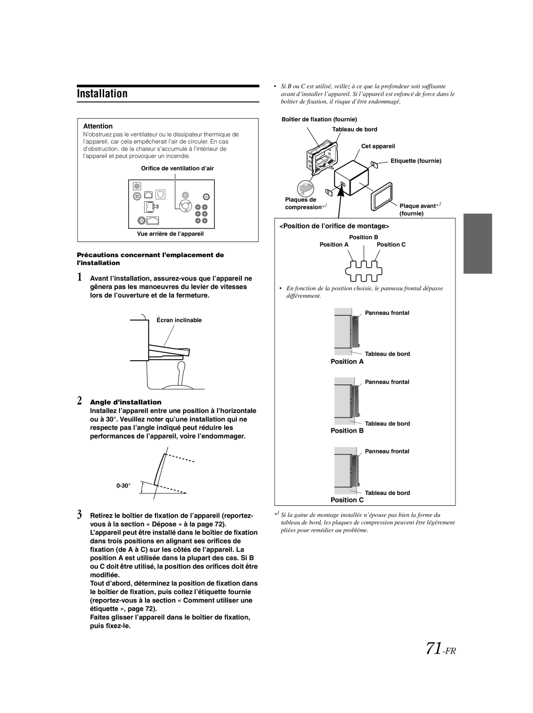 Alpine IVA-W203 owner manual 71-FR, Angle d’installation, Position de l’orifice de montage 