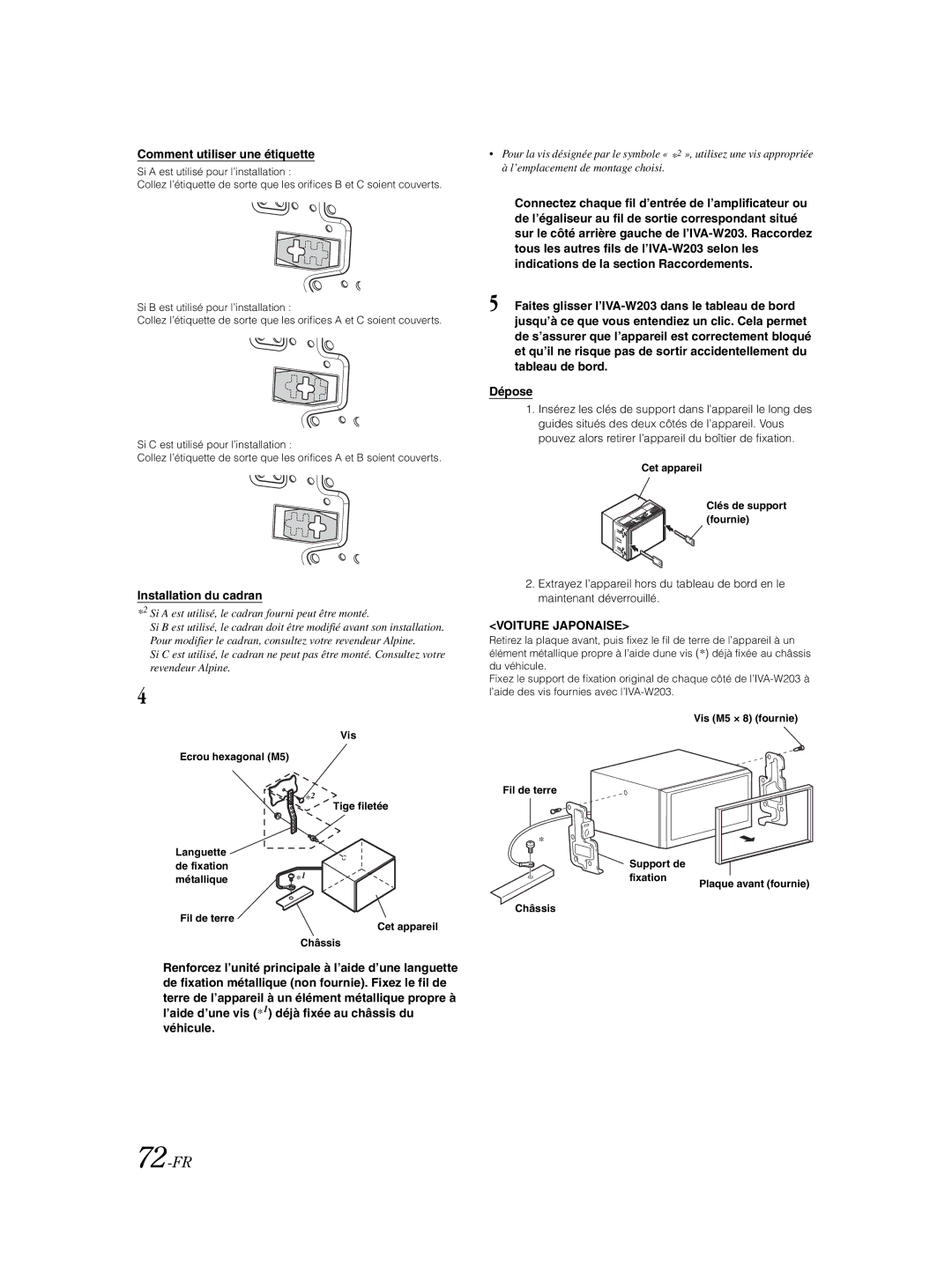 Alpine IVA-W203 owner manual 72-FR, Comment utiliser une étiquette, Installation du cadran, Voiture Japonaise 