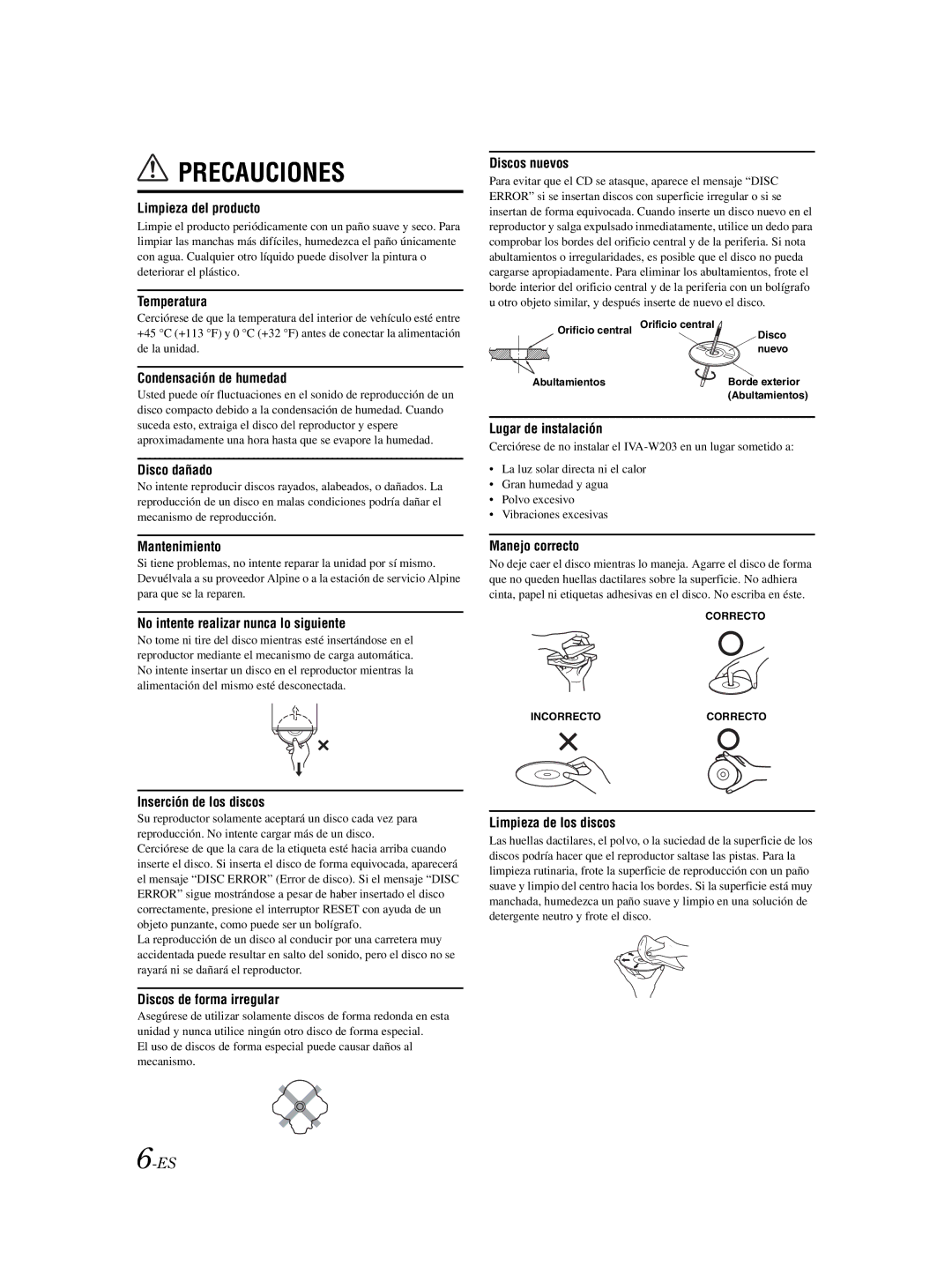 Alpine IVA-W203 owner manual Precauciones 