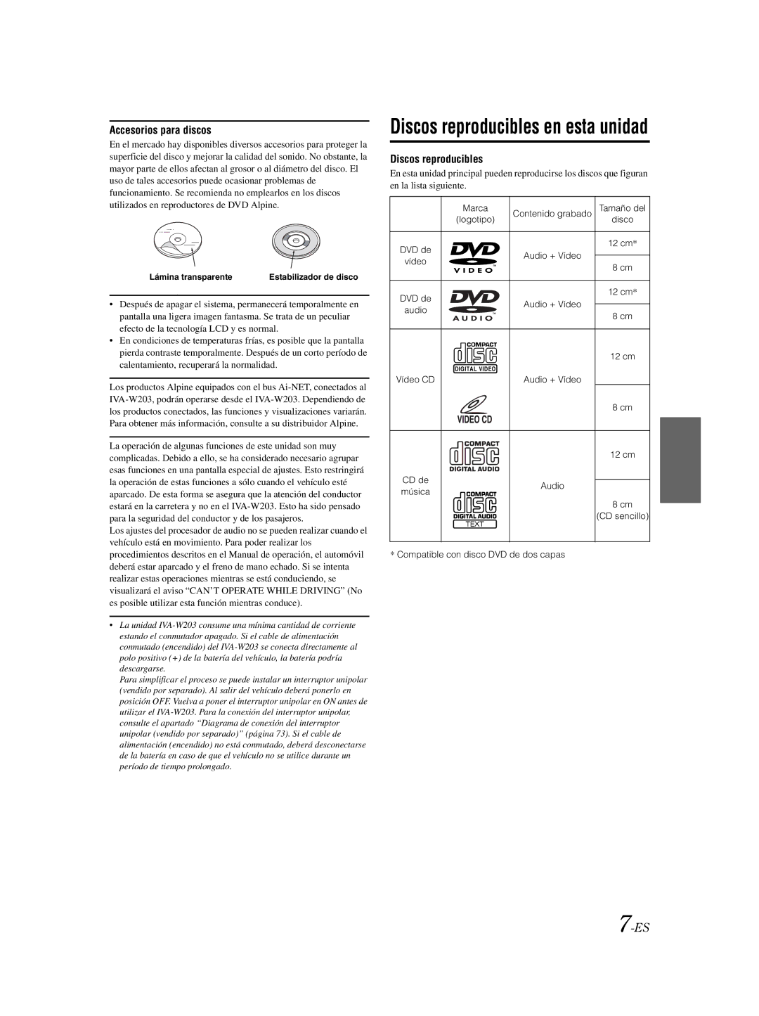 Alpine IVA-W203 owner manual Marca Contenido grabado, Disco, Vídeo, Audio, CD de, Compatible con disco DVD de dos capas 