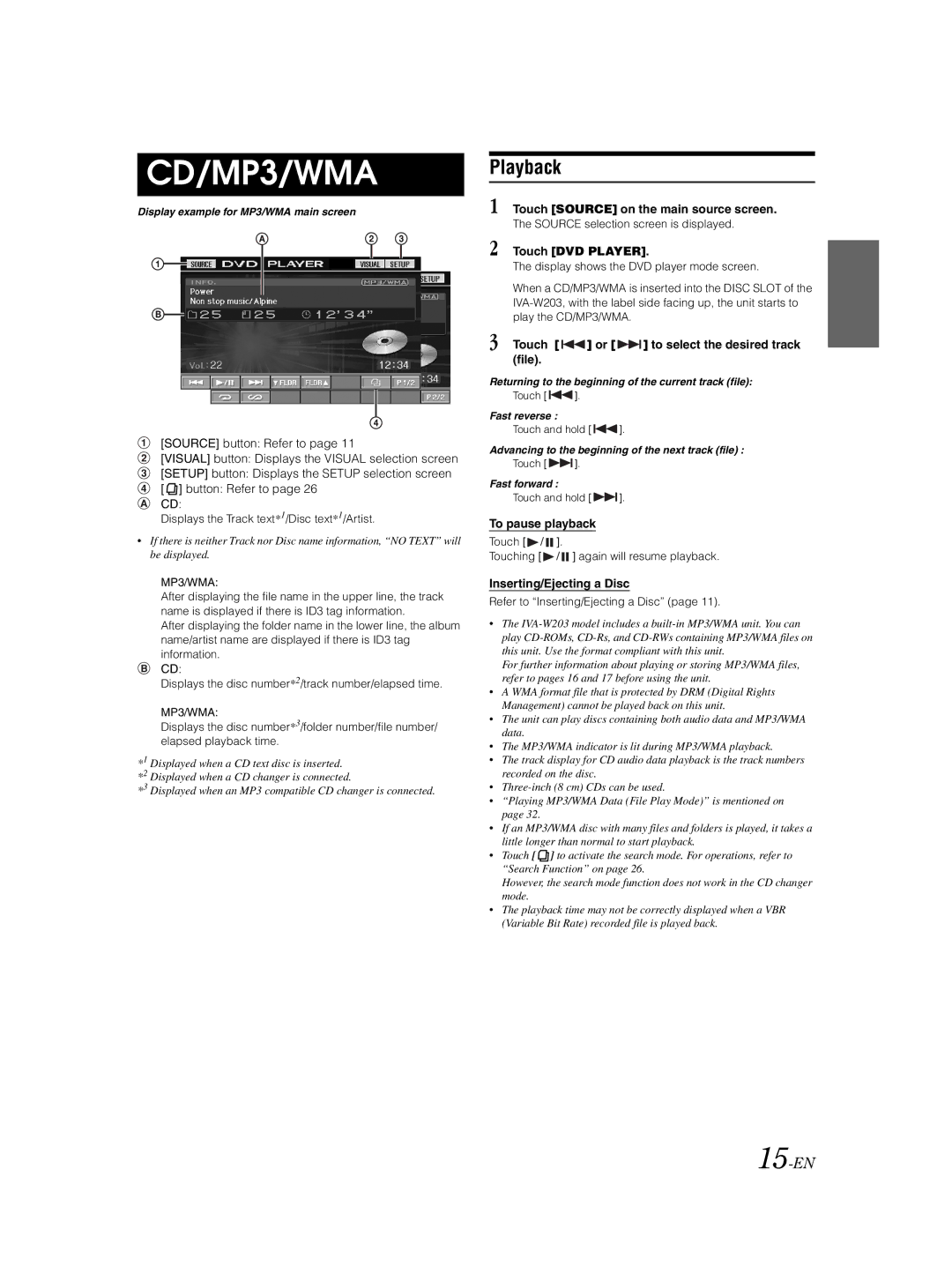 Alpine IVA-W203 owner manual Playback, 15-EN 