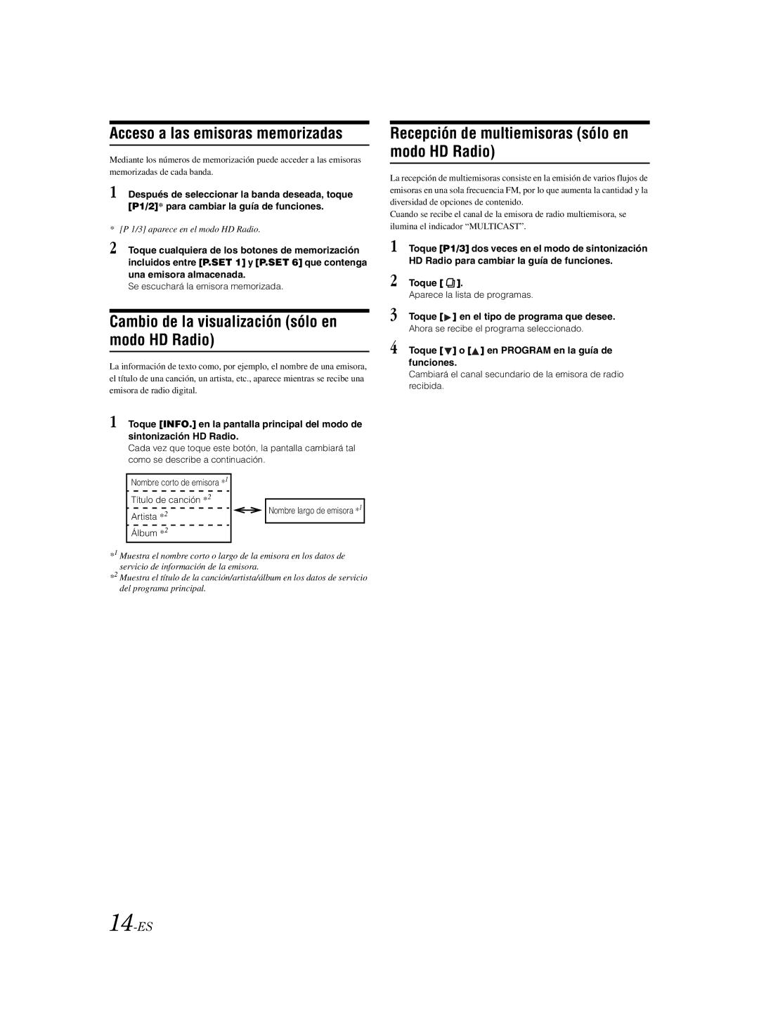 Alpine IVA-W203 owner manual Acceso a las emisoras memorizadas, Cambio de la visualización sólo en modo HD Radio, 14-ES 