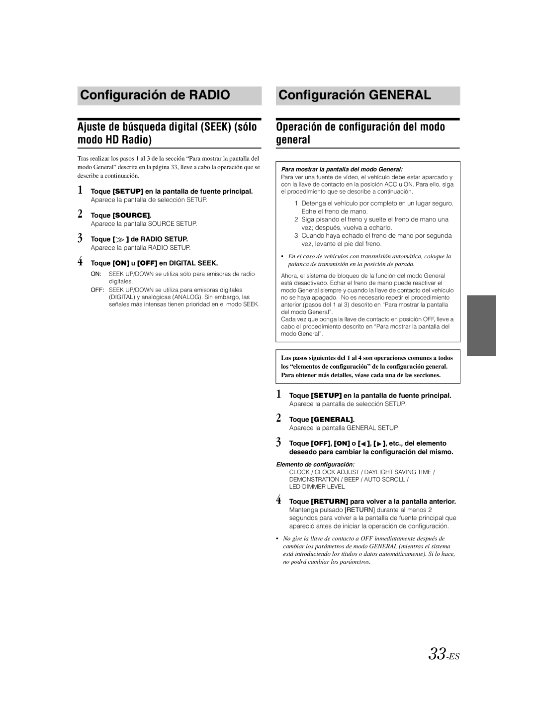 Alpine IVA-W203 Configuración de Radio Configuración General, Ajuste de búsqueda digital Seek sólo modo HD Radio, 33-ES 
