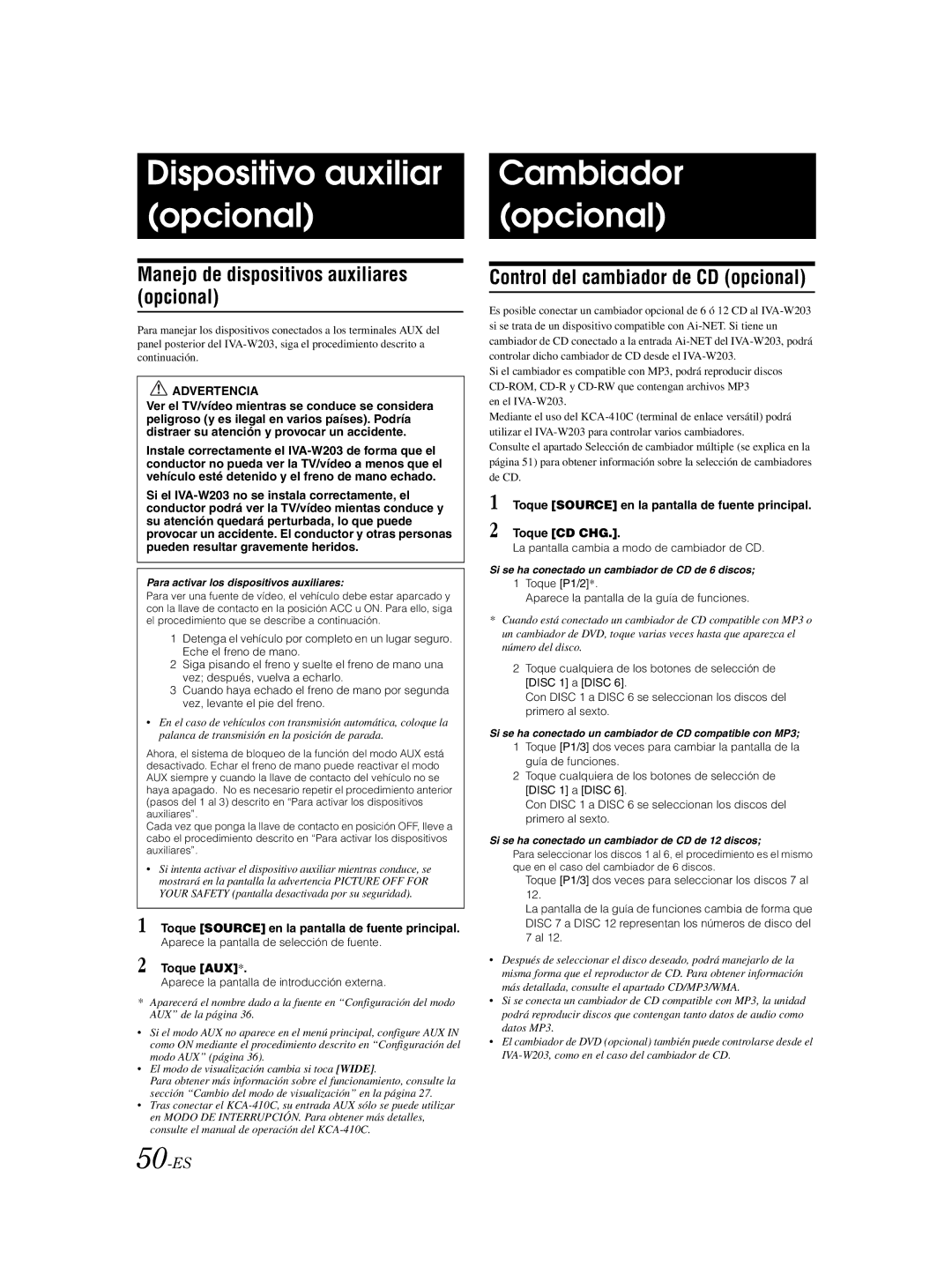 Alpine IVA-W203 Dispositivo auxiliar opcional, Cambiador opcional, Manejo de dispositivos auxiliares opcional, 50-ES 