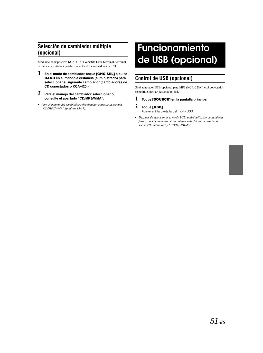 Alpine IVA-W203 Funcionamiento de USB opcional, Selección de cambiador múltiple opcional, Control de USB opcional, 51-ES 