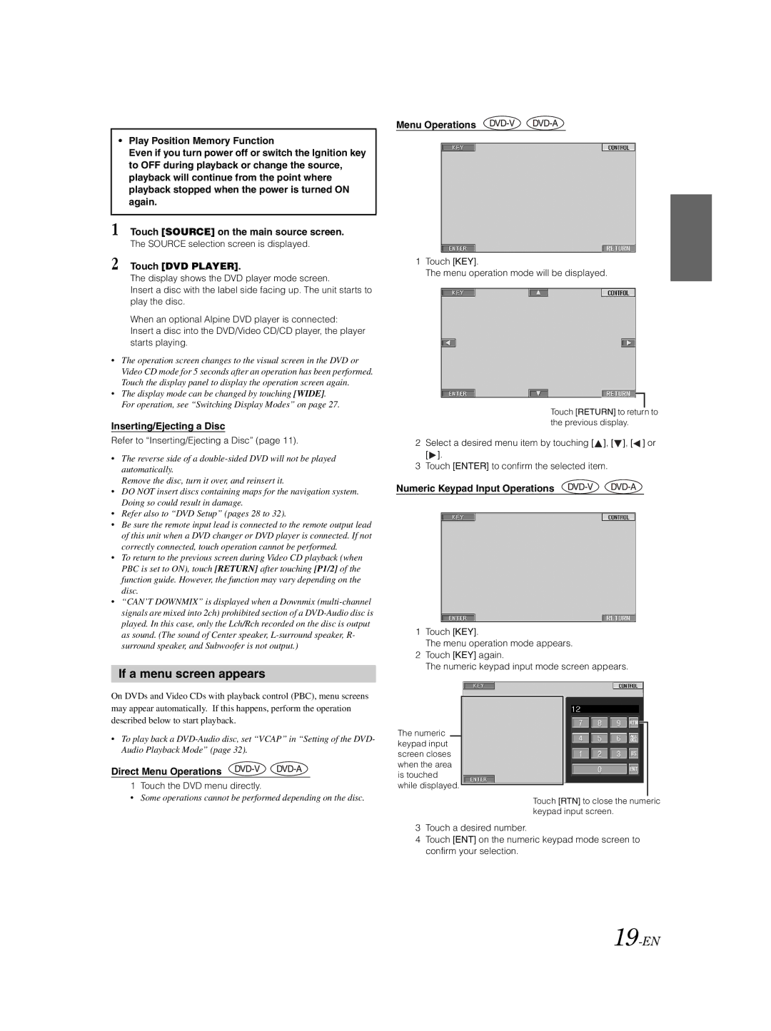 Alpine IVA-W203 owner manual If a menu screen appears, 19-EN, Direct Menu Operations, Numeric Keypad Input Operations 