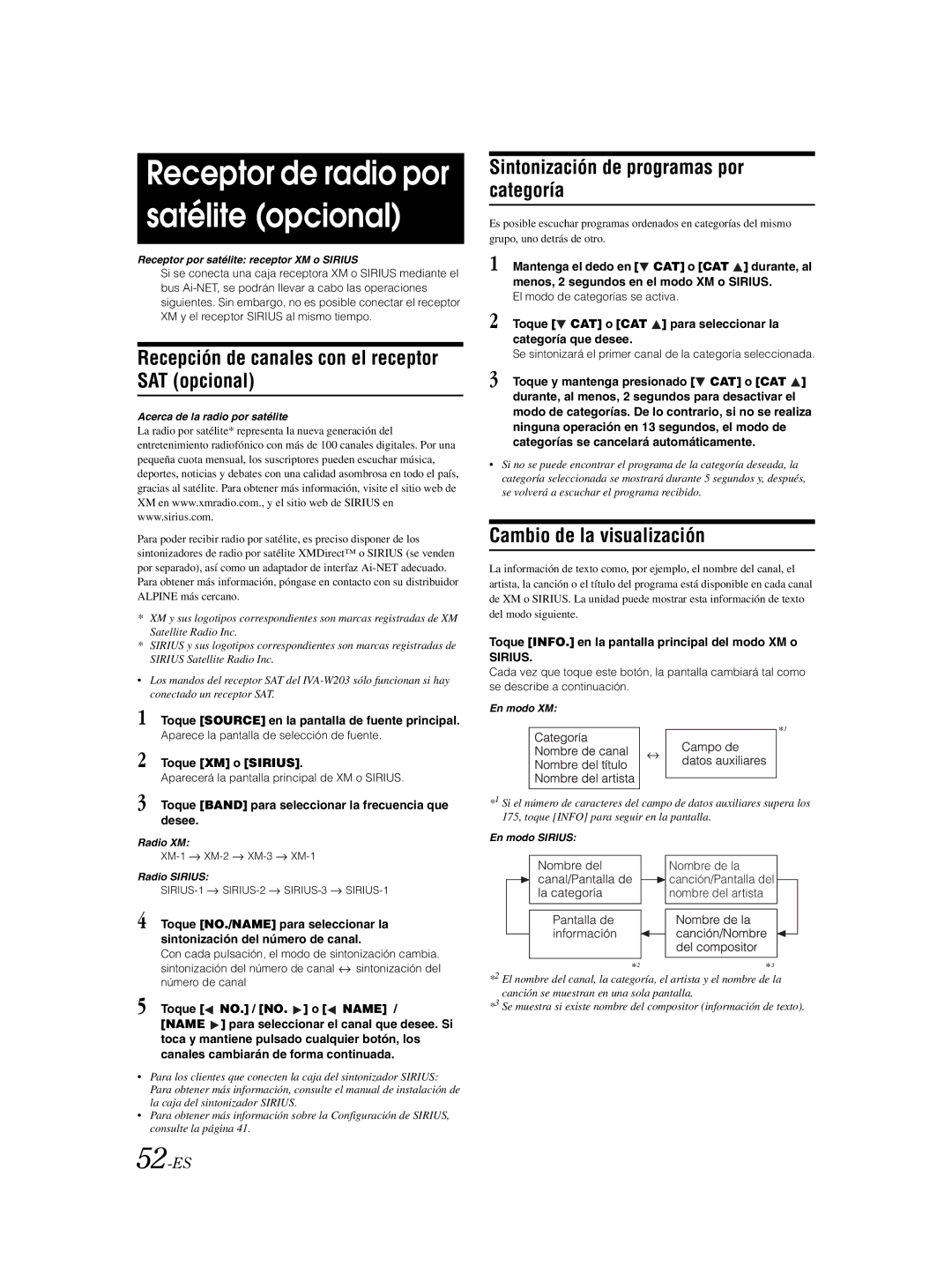 Alpine IVA-W203 Recepción de canales con el receptor SAT opcional, Sintonización de programas por categoría, 52-ES, Name 